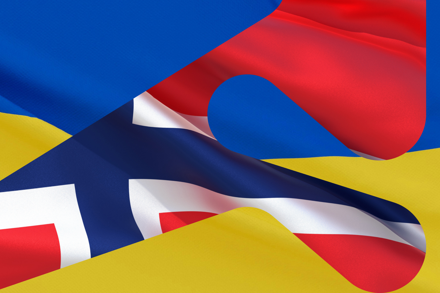 Illustrasjon av de norske og ukrainske flaggene som vaier og overlapper hverandre, med tydelige farger og symboler fra begge nasjoner.