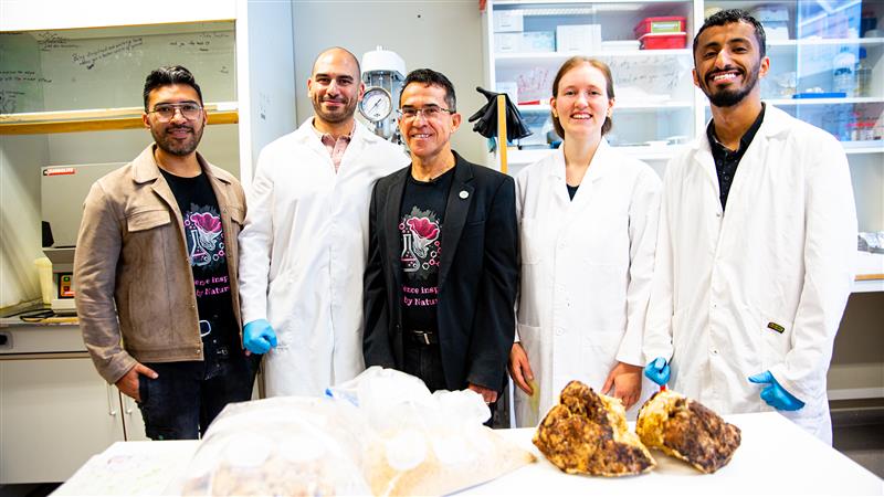 fire menn og en kvinne i en lab, tre har hvite frakker på, to er i vanlige klær